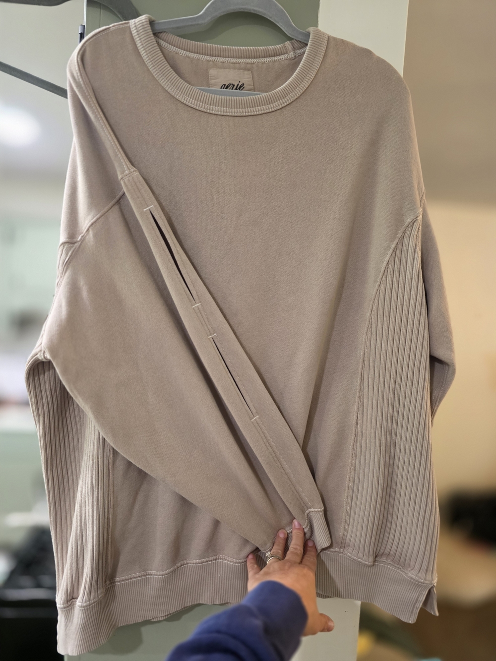 aerie Ribbed Side Panel, Slit Sleeves, Crewneck Sweatshirt Beige Medium